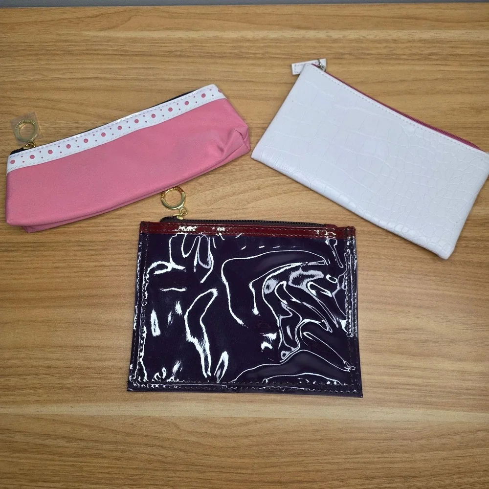 Estee Lauder & Lancome Cosmetic Bag Set Womens Pink White Purple Patent Croc 3pc
